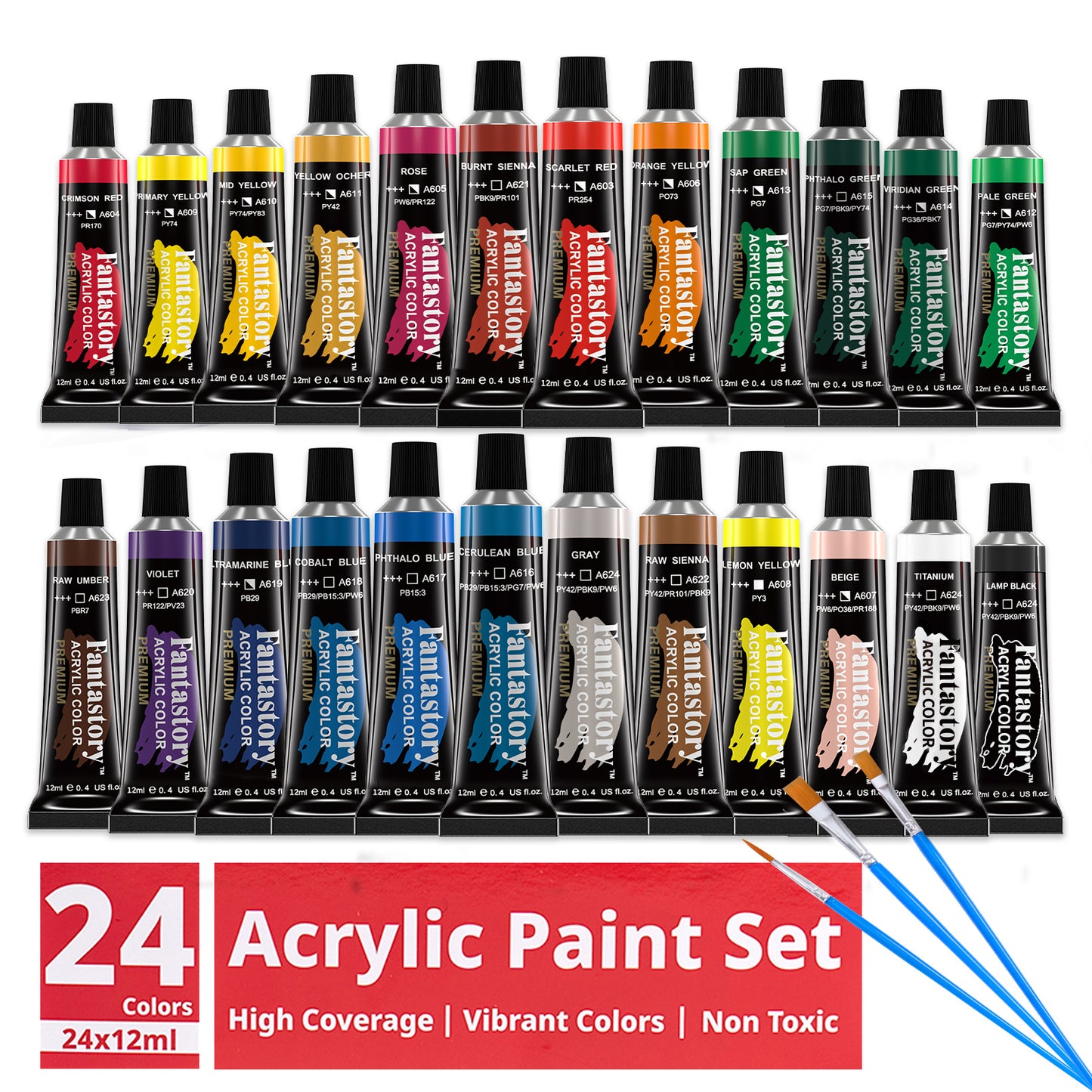 Fantastory 12ML 24 Colors Acrylic Paint Set with 3 Paint Brushes