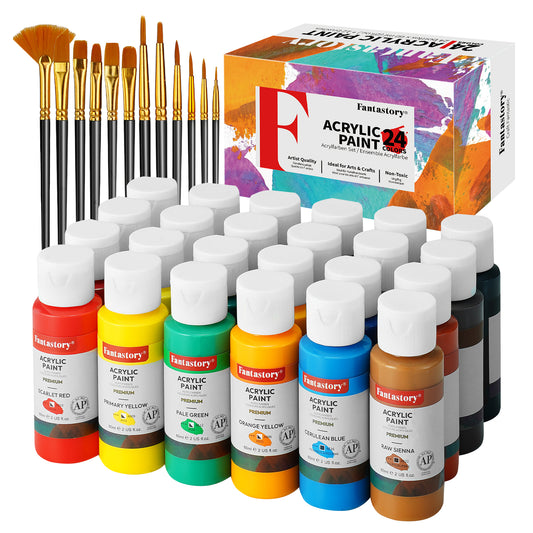 Fantastory Acrylic Paint Set, 24 x 60 ml with 12 Brushes; Christmas Acrylic Paint, Waterproof; For Artwork & DIY Projects on Canvas, Wood, Glass, Clay, Fabric, Ceramic, Paper, Canvas