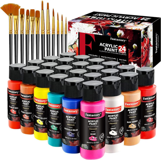 Fantastory Acrylic Paint Set 24 Classic Colors(2oz /60ml) with 12 Brushes, Professional Craft Thick Paints Kits for Adults, Canvas Wood Fabric Ceramic Rock Painting Supplies