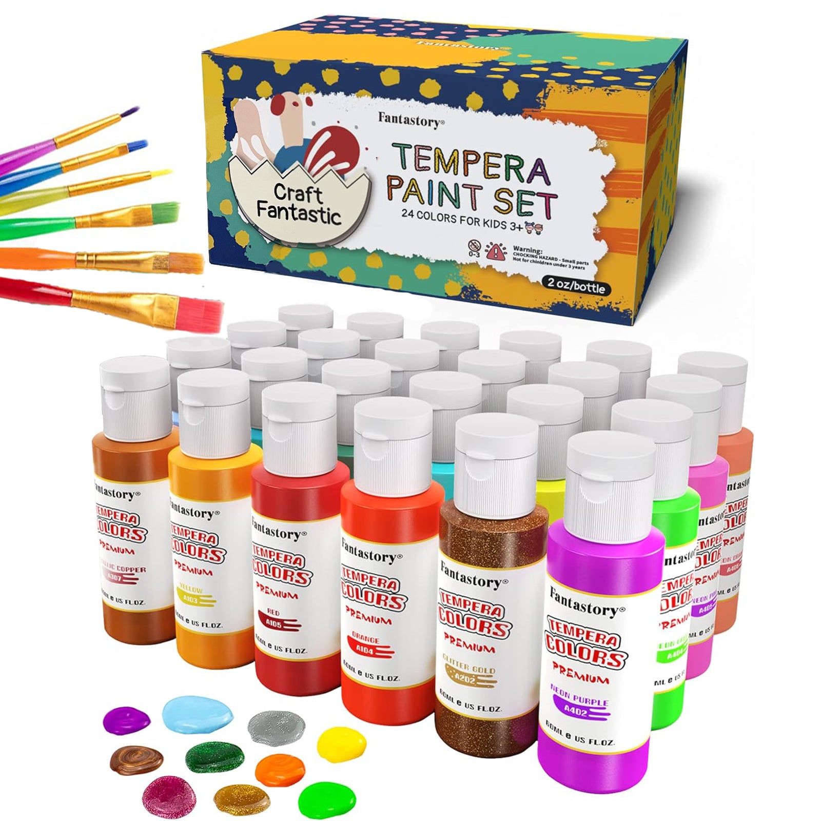 Fantastory Tempera Paint Set 24 Colors (2oz Each), Washable Paint