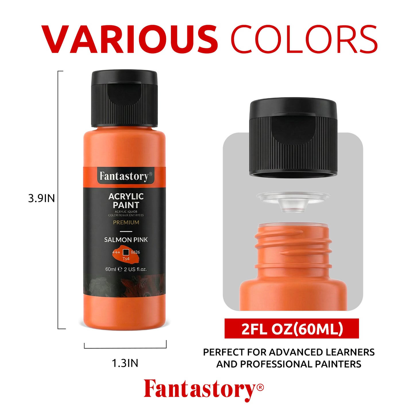 Fantastory 65 Pack Acrylic Paint Set, 50 Colors (2 oz/Bottle) with 12 Art Brushes and Palette