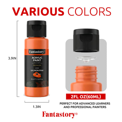 Fantastory 65 Pack Acrylic Paint Set, 50 Colors (2 oz/Bottle) with 12 Art Brushes and Palette