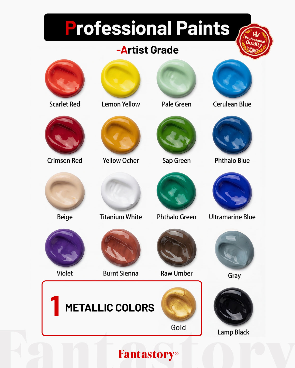 Fantastory Acrylic Paint Set, 18 Tubes x 36ml, Waterproof with High Lightfastness, Extra Metallic Colors, for Canvas Wood Ceramics Models