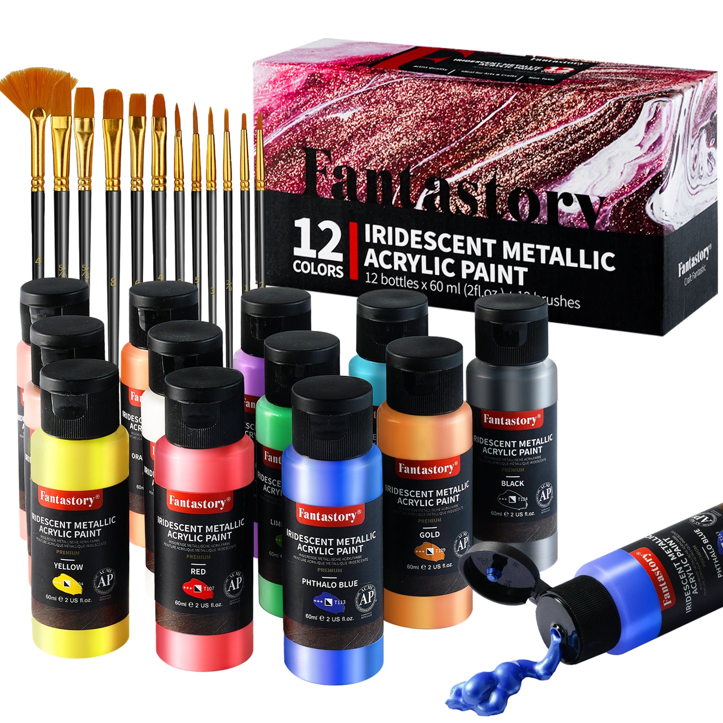 Fantastory Acrylic Paint Set with 12 Brushes, 12 Colors 60ml/2oz