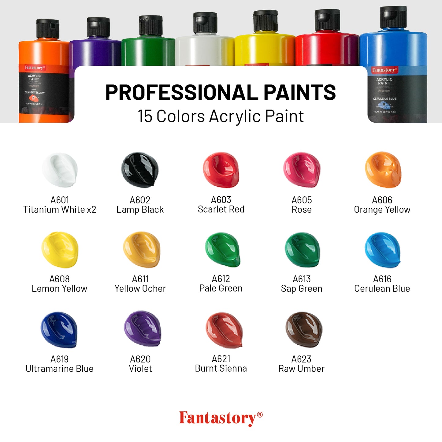 Fantastory 15 Colors Large Acrylic Craft Paint, 16.9 oz,500 ml