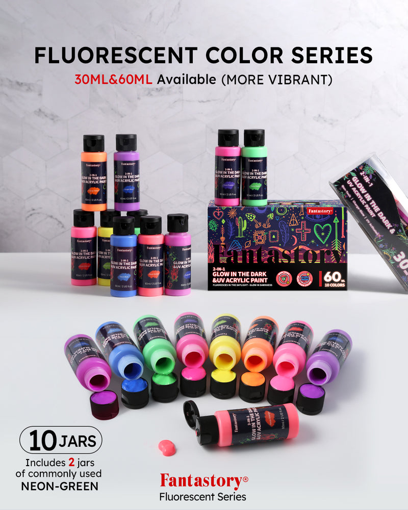 Fantastory 60ml/2oz Neon Glow in the Dark Paint, 10 Tubes Fluorescent Colors Glow Acrylic Paints