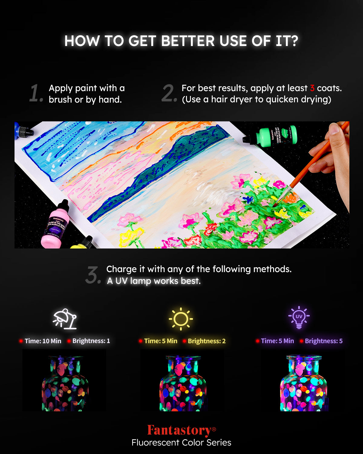 Fantastory Glow in the Dark Paints, 0.8oz/8Colors Waterproof Fluorescent Acrylic Paint