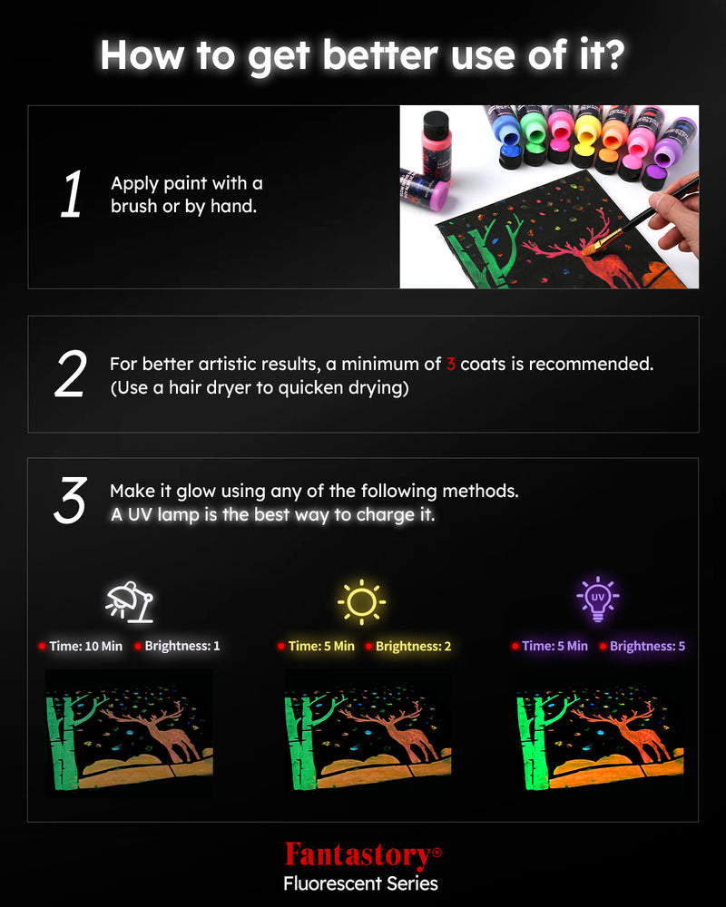 Fantastory 60ml/2oz Neon Glow in the Dark Paint, 10 Tubes Fluorescent Colors Glow Acrylic Paints