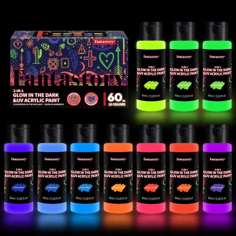 Fantastory 60ml/2oz Neon Glow in the Dark Paint, 10 Tubes Fluorescent Colors Glow Acrylic Paints