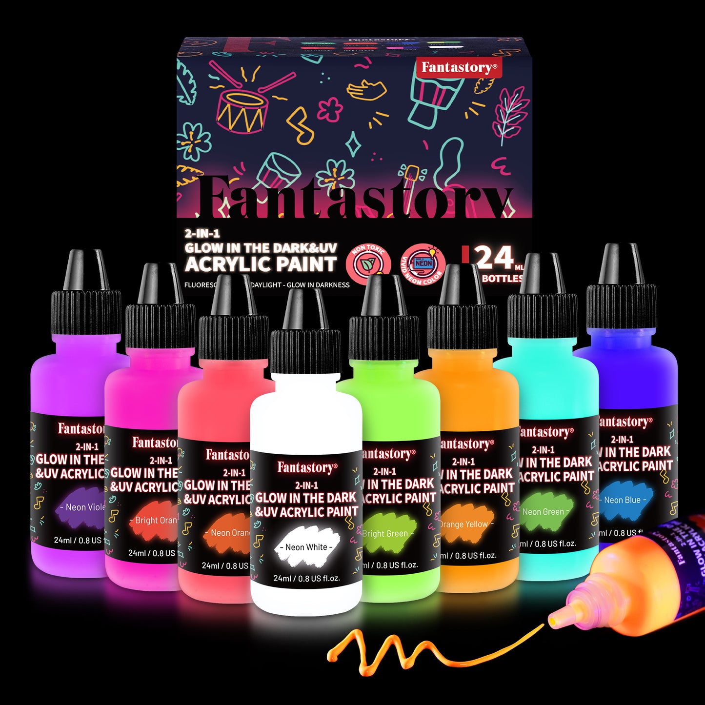 Fantastory Glow in the Dark Paints, 0.8oz/8Colors Waterproof Fluorescent Acrylic Paint