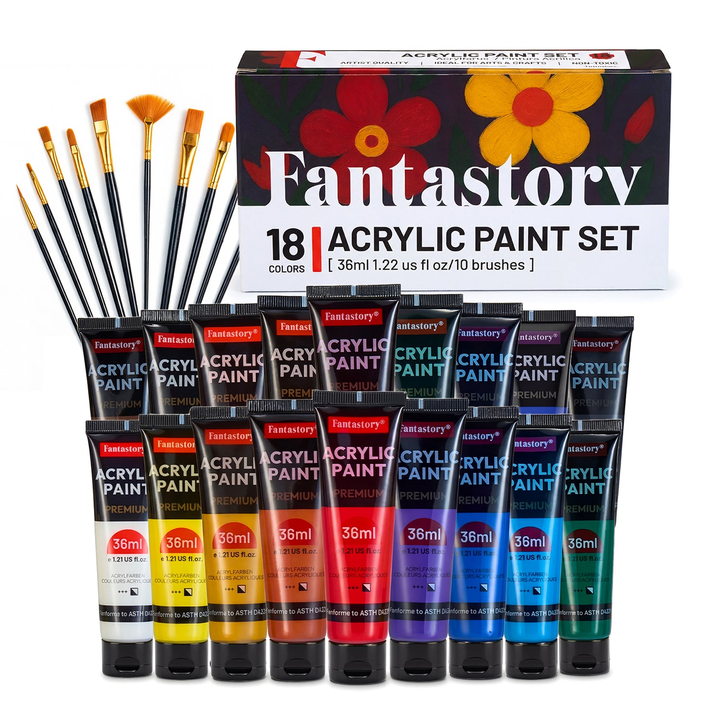 Fantastory Acrylic Paint Set, 18 Tubes x 36ml, Waterproof with High Lightfastness, Extra Metallic Colors, for Canvas Wood Ceramics Models
