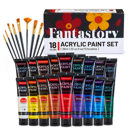 Fantastory Acrylic Paint Set, 18 Tubes x 36ml, Waterproof with High Lightfastness, Extra Metallic Colors, for Canvas Wood Ceramics Models