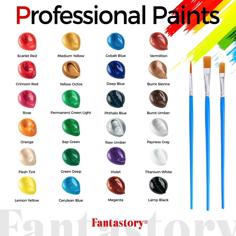 Fantastory 12ML 24 Colors Acrylic Paint Set with 3 Paint Brushes