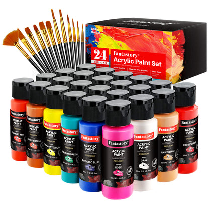 Acrylic Paint Set - 24 Classic Colors (2oz), Craft Paint Kit with 12 Brushes