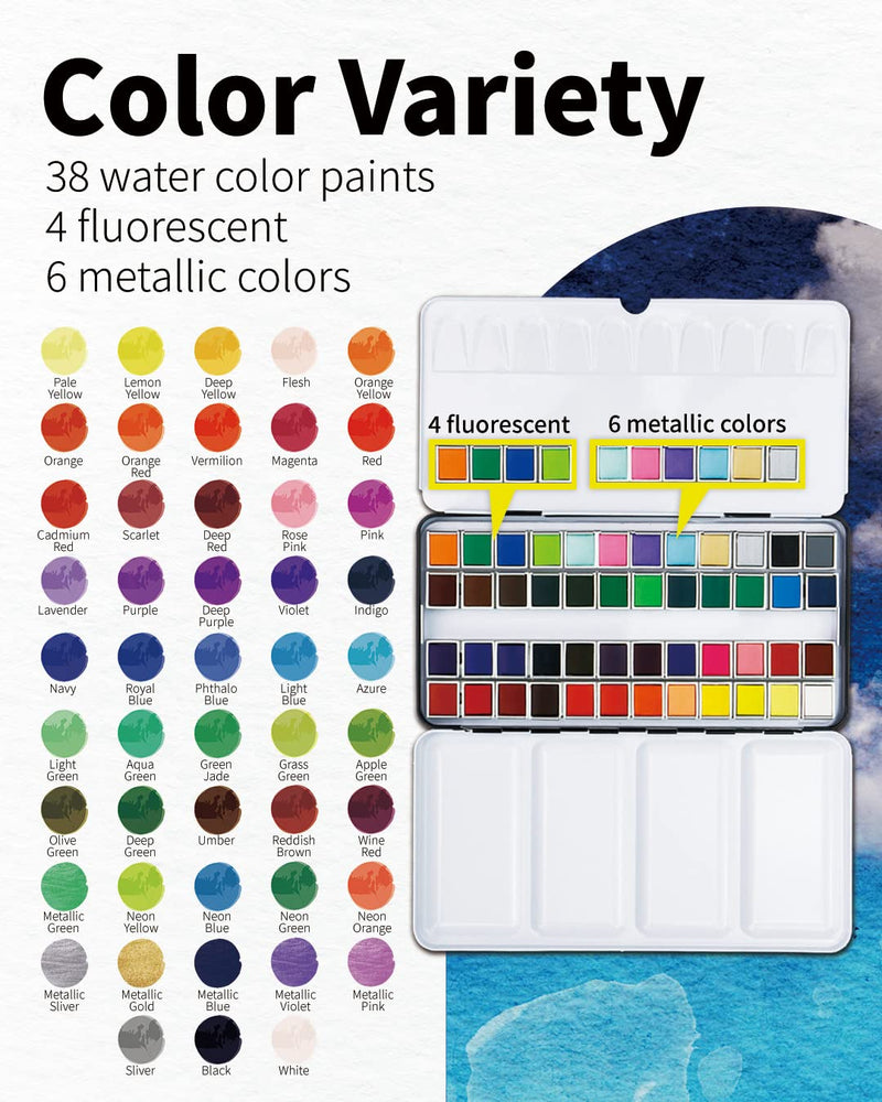 Fantastory Solid Watercolor Paint Set, 48 Classic Colors Travel Watercolor Kit for Artists