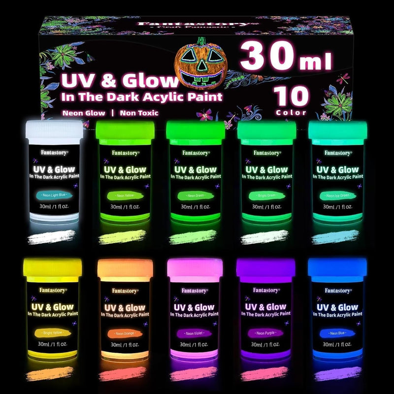 Fantastory Glow in The Dark Paint ,10 Extra Bright Colors 30 ml / 1 oz Glow in Dark Paint Glow Paint for Halloween Decoration, Art Painting