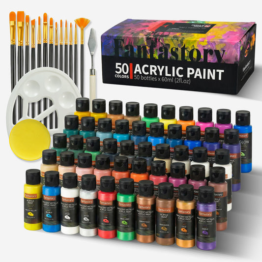 Fantastory 65 Pack Acrylic Paint Set, 50 Colors (2 oz/Bottle) with 12 Art Brushes and Palette