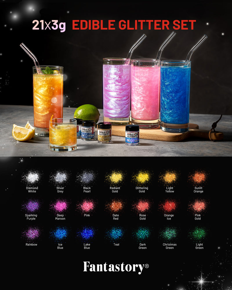 Fantastory 21 Colors (3g Each) Edible Glitter Set: Luster Dust for DIY, Nail Art, Decorating, Baking