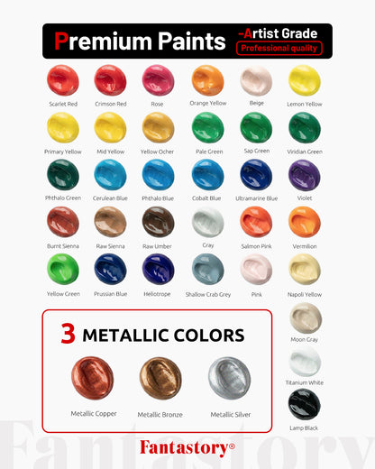 Fantastory 52Pack Acrylic Paint Set, 36 Colors Multi-Surface Craft Paint with 12 Brushes, Palette, Sponge, Color Card
