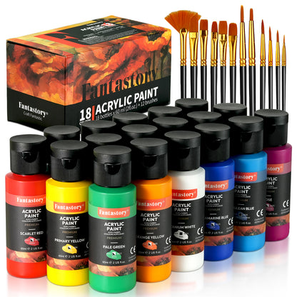 Fantastory Acrylic Paint Set, 18 Colors with 12 Brushes, Pro Artist Kit