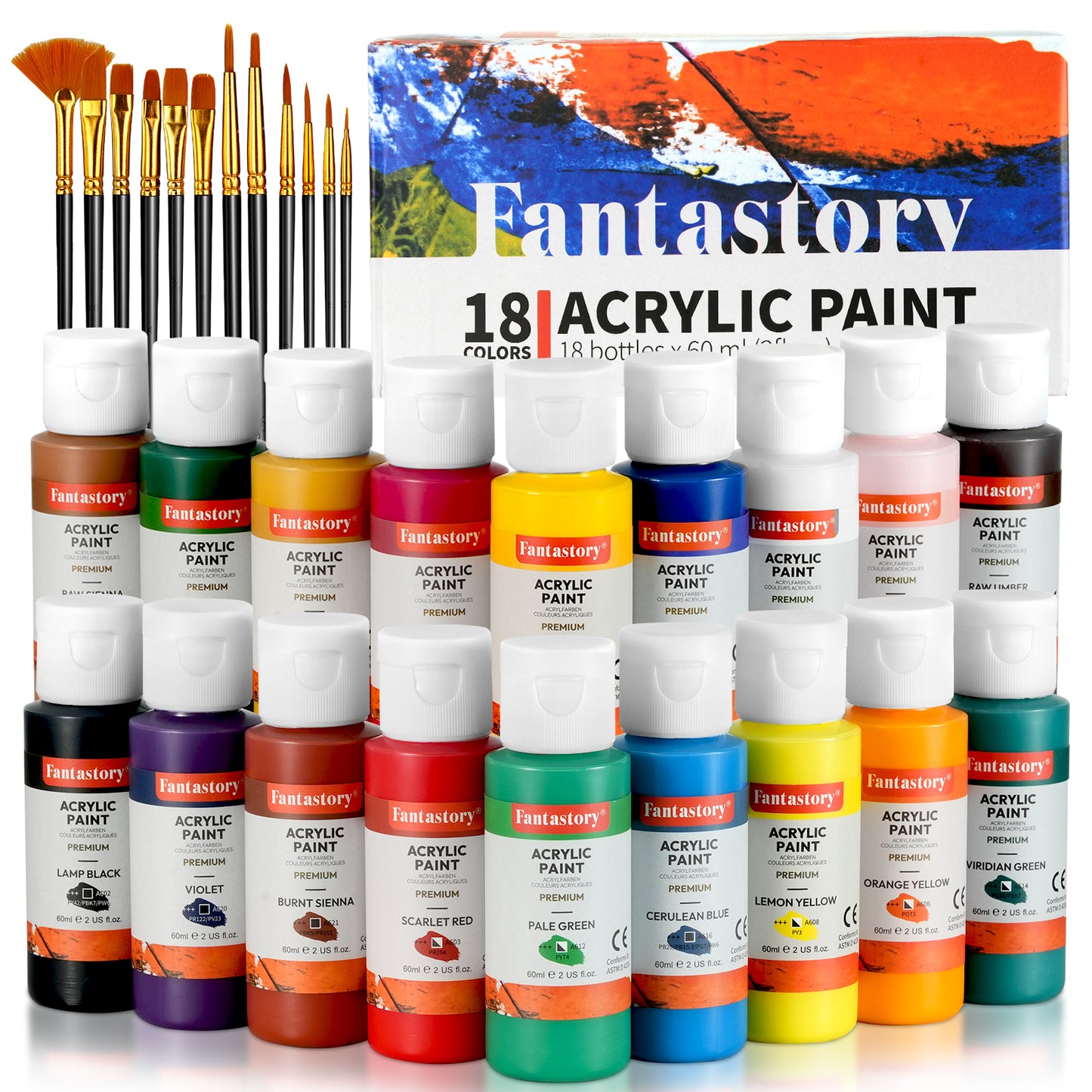 Fantastory 30 Pack Acrylic Paint, 18 Colors Acrylic Craft Paint Set with Brushes for Adults Beginner Artists