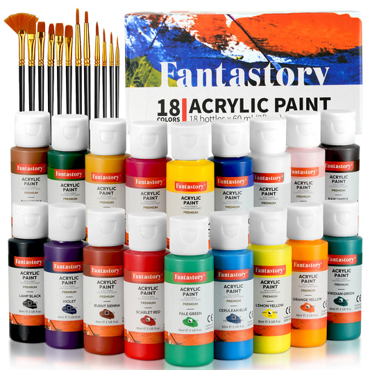 Fantastory 30 Pack Acrylic Paint, 18 Colors Acrylic Craft Paint Set with Brushes for Adults Beginner Artists