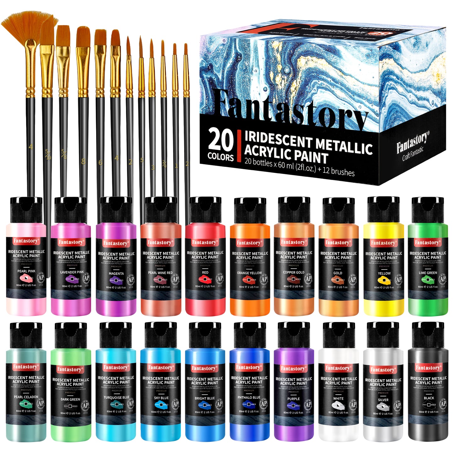 Fantastory Metallic Iridescent Acrylic Paint Set with 12 Brushes, 20 x 2oz Metallic Colors, Color-Shifting, Craft Paint Kit, Metal/Canvas/Rock/Stone/Ceramic/Model/Wood Painting [Professional Series]