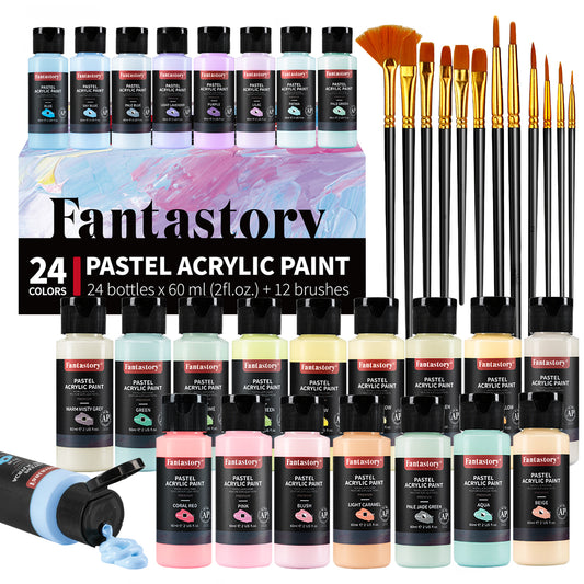 Fantastory Acrylic Paint Set, 24 Pastel Colors Acrylic Craft Paints Kit, 12 Brushes, 2oz