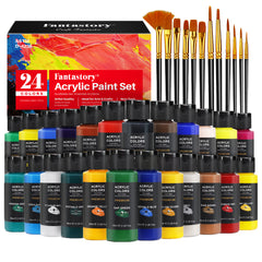 Fantastory Acrylic Paint Set, Art Supplies Kit for Adults & Kids 24 Classic Colors with 12 Brushes