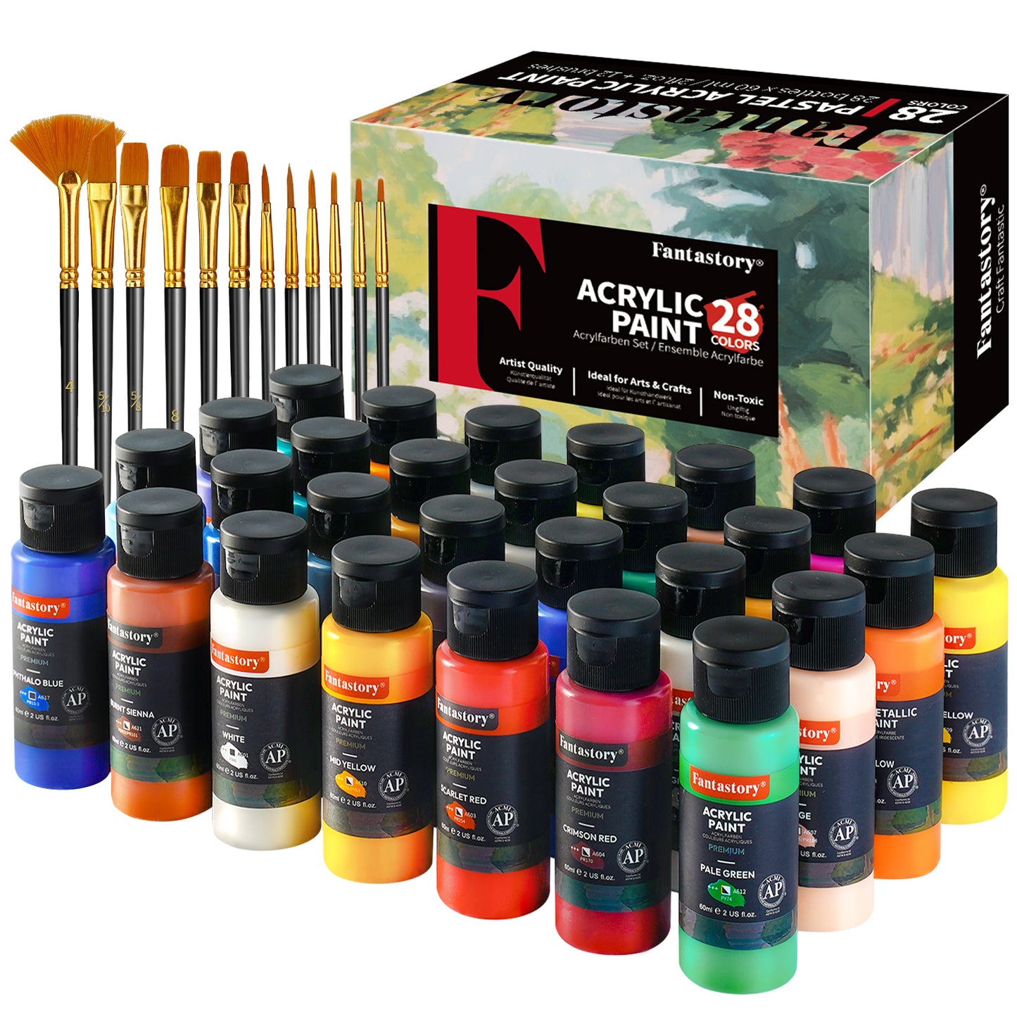 Fantastory (2oz /60ml) Acrylic Paint Set, 28 Colors with 12 Brushes Craft Paint Kit