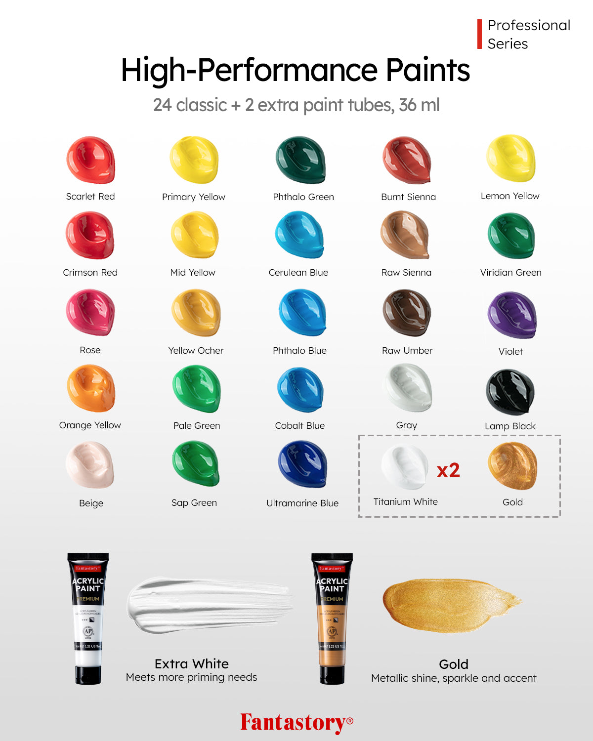 Fantastory Acrylic Paint Set, High Pigment, Quick Dry, Waterproof, 24 Colors with Metallic and White