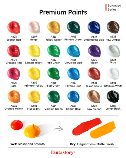 Fantastory Acrylic Paint Set, 24 x 60 ml with 12 Brushes; Christmas Acrylic Paint, Waterproof; For Artwork & DIY Projects on Canvas, Wood, Glass, Clay, Fabric, Ceramic, Paper, Canvas