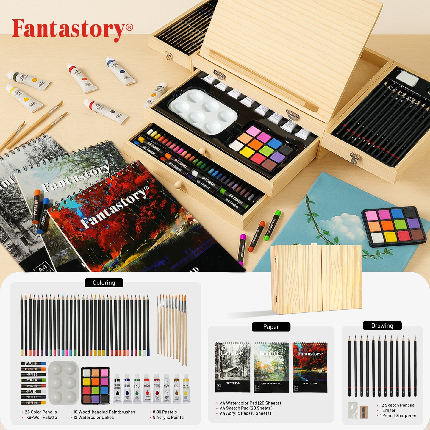 Fantastory Art Coloring Set, 85Pcs Drawing Painting Kit with Wooden Case