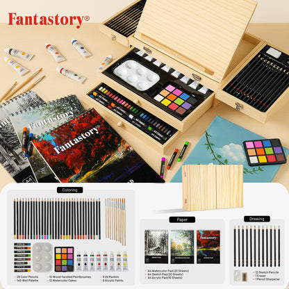 Fantastory Art Coloring Set, 85Pcs Drawing Painting Kit with Wooden Case