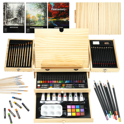 Fantastory Art Coloring Set, 85Pcs Drawing Painting Kit with Wooden Case