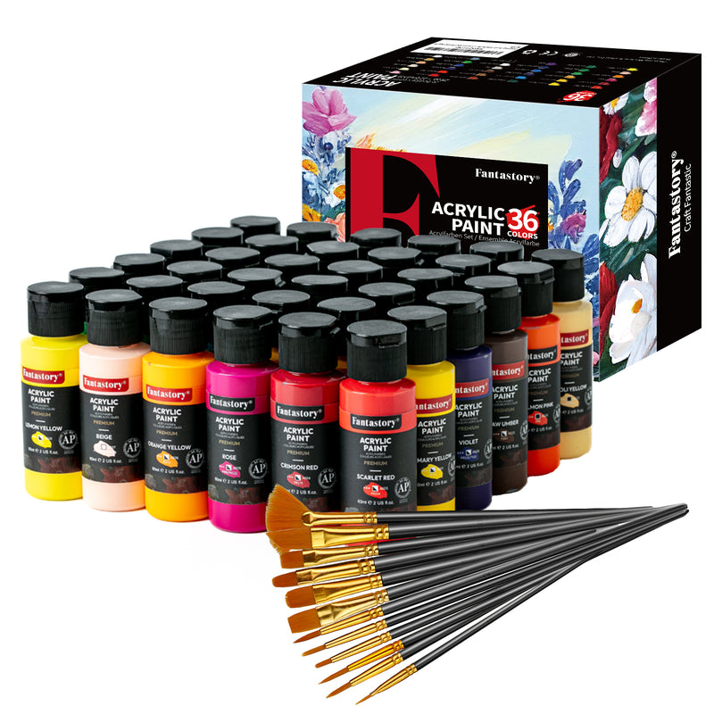 Fantastory (2oz /60ml) Acrylic Paint Set 36 Colors with 12 Brushes for Adults and Kids