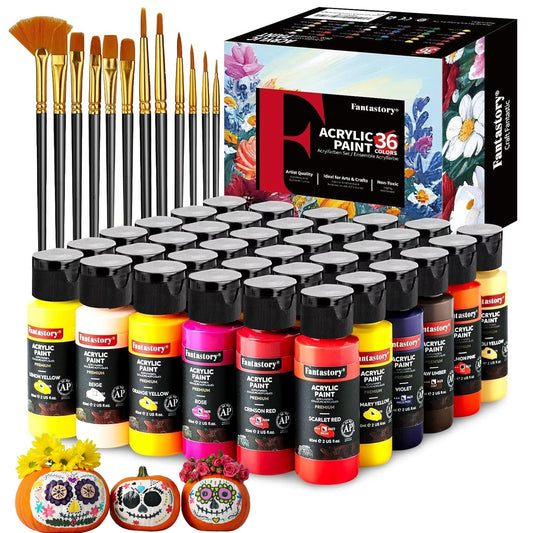 Fantastory (2oz /60ml) Acrylic Paint Set 36 Colors with 12 Brushes for Adults and Kids