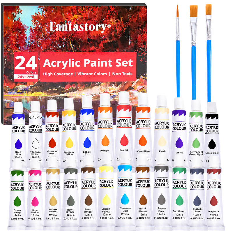 Fantastory 12ML 24 Colors Acrylic Paint Set with 3 Paint Brushes for Crafts and Painters