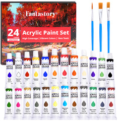 Fantastory 12ML 24 Colors Acrylic Paint Set with 3 Paint Brushes for Crafts and Painters