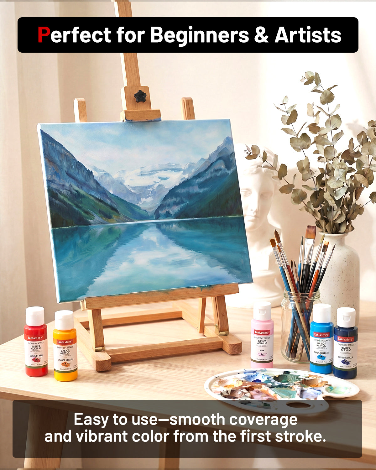 Fantastory 52Pack Acrylic Paint Set, 36 Colors Multi-Surface Craft Paint with 12 Brushes, Palette, Sponge, Color Card