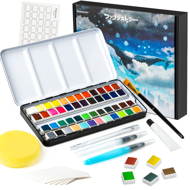 Fantastory Solid Watercolor Paint Set, 48 Classic Colors Travel Watercolor Kit for Artists