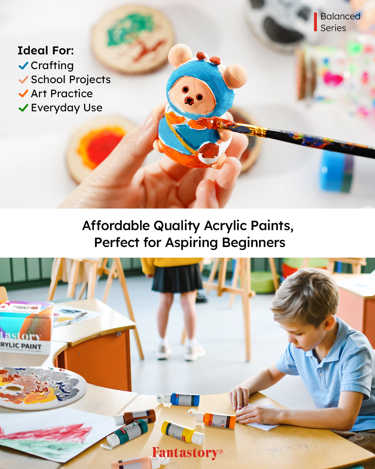 Fantastory Acrylic Paint Set, 24 x 60 ml with 12 Brushes; Christmas Acrylic Paint, Waterproof; For Artwork & DIY Projects on Canvas, Wood, Glass, Clay, Fabric, Ceramic, Paper, Canvas