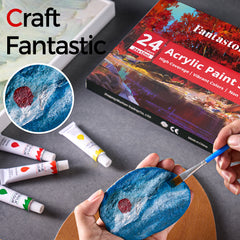 Fantastory 12ML 24 Colors Acrylic Paint Set with 3 Paint Brushes