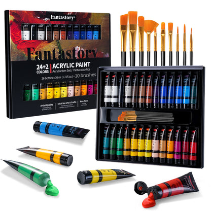 Fantastory Acrylic Paint Set, High Pigment, Quick Dry, Waterproof, 24 Colors with Metallic and White