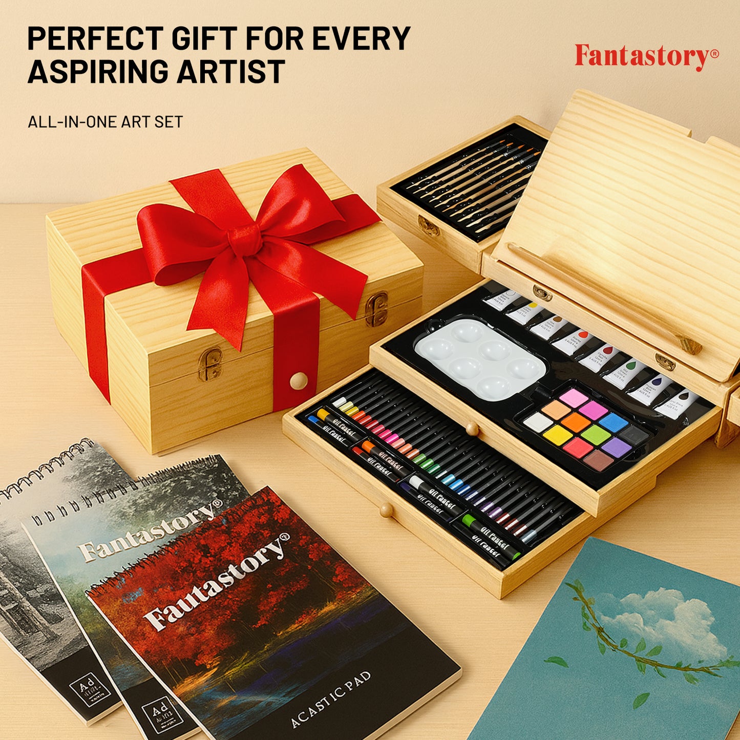 Fantastory Art Coloring Set, 85Pcs Drawing Painting Kit with Wooden Case