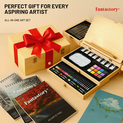 Fantastory Art Coloring Set, 85Pcs Drawing Painting Kit with Wooden Case