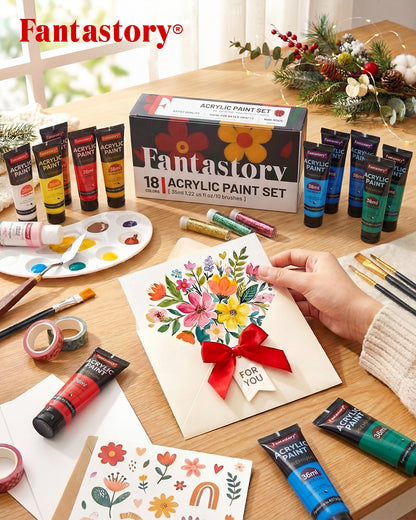 Fantastory Acrylic Paint Set, 18 Tubes x 36ml, Waterproof with High Lightfastness, Extra Metallic Colors, for Canvas Wood Ceramics Models