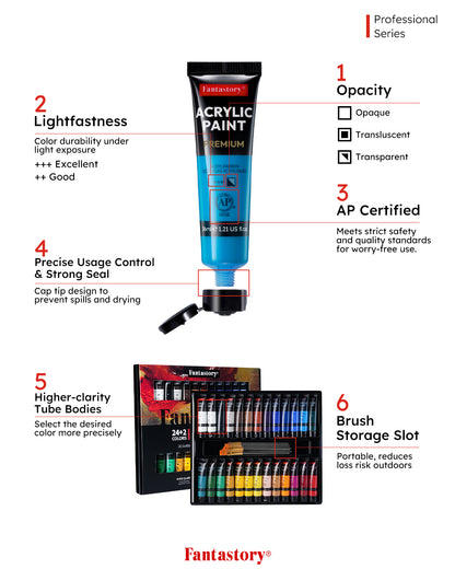 Fantastory Acrylic Paint Set, High Pigment, Quick Dry, Waterproof, 24 Colors with Metallic and White