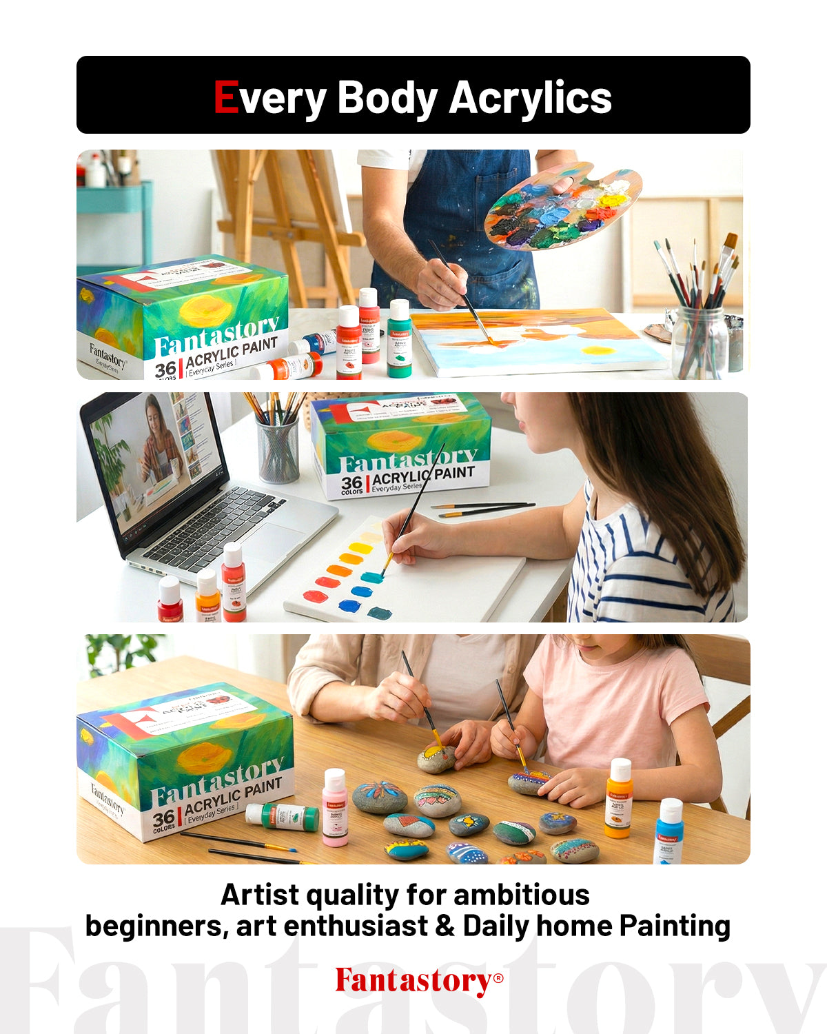 Fantastory 52Pack Acrylic Paint Set, 36 Colors Multi-Surface Craft Paint with 12 Brushes, Palette, Sponge, Color Card