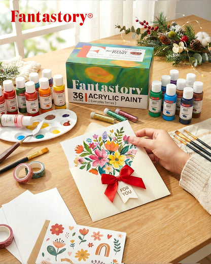 Fantastory 52Pack Acrylic Paint Set, 36 Colors Multi-Surface Craft Paint with 12 Brushes, Palette, Sponge, Color Card